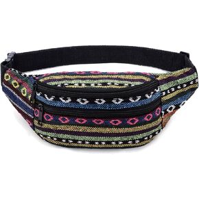 Kayhoma 2 Zippers Boho Fanny Pack Stripe Festival Retro Vintage Flat Bum Bags Travel Hiking Hip Waist Bag…
