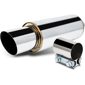M-AUTO Universal Chrome Welded Muffler, 2" Inlet and 3" Outlet Heavy Duty 15" Overall Length Center Stainless Steel Direct Fit Exhaust Muffler Assembly, Angle Cut Tip