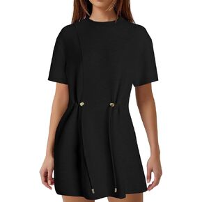 MISSACTIVER Women Summer Mini Dress Crew Neck Short Sleeve T Shirt Dress Casual Elastic Waist Short Dresses with Pockets