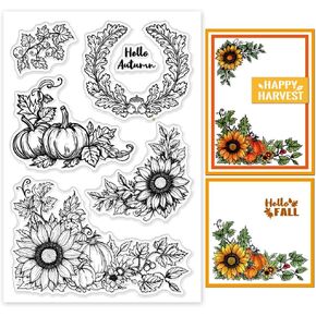 GLOBLELAND Autumn Corners Clear Stamps Pumpkin Sunflower Vines Border Silicone Clear Stamp Seals Plants Corners Transparent Stamps for DIY Scrapbooking Cards Making Photo Album Journal