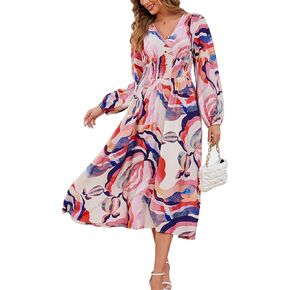 Kormei Women Casual Boho V Neck Long Sleeve Swiss Dot Smocked High Waist A Line Swing Fall Midi Long Dress