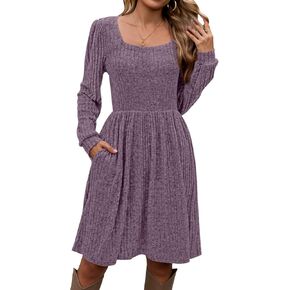 Naggoo Long Sleeve Fall Dresses for Women 2024 Square Neck Winter Sweater Dresses