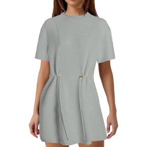 MISSACTIVER Women Summer Mini Dress Crew Neck Short Sleeve T Shirt Dress Casual Elastic Waist Short Dresses with Pockets