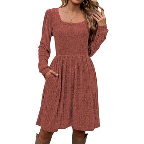 Naggoo Long Sleeve Fall Dresses for Women 2024 Square Neck Winter Sweater Dresses