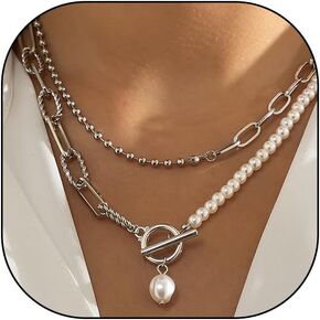 Dainty Pearl Layered Necklace for Women,Trendy Chunky Pearl Beaded Paperclip Chain Choker Ot Clasp Necklace,Stack Statement Jewelry Gifts
