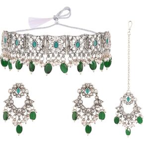 Efulgenz Indian Oxidized Jewelry Indian Jewelry Sets for Women Antique Boho Faux Kundan Pearl Crystal Stone Necklace Maangtikka with Dangle Round Earrings Bohemian Jewelry Set
