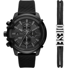 Diesel Griffed Stainless Steel and Silicone Chronograph Men's Watch and Bracelet Gift Set, Color: Black (Model: DZ4650SET)