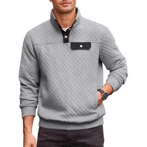 Runcati Mens Quilted Sweatshirt Stand Collar Casual Diamond Pullover Long Sleeve Quarter Button Sweatshirts