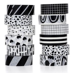 12 Rolls Washi Tape Set Black White Paper Thin 15 mm Wide 7 Meters Retro Decorative Masking Tape Sets Black White Decorative Dot & Grid Masking Tapes for Journal, Scrapbook, Planner, DIY Crafts
