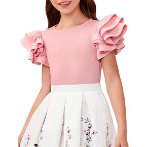 WDIRARA Girl's Short Sleeve Tiered Layer Tee Round Neck Ruffle Trim T Shirt