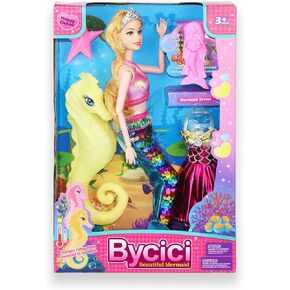 Mermaid Doll with Little Mermaid Toys for Girls Age 4-7 and Seahorse Playset, Blonde Hair Mermaid Dolls with Accessories, Best Birthday Gifts for Girls 3 4 5 6 7 Years Old
