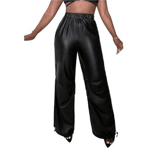 MakeMeChic Women's PU Leather Pants Elastic Waist Loose Fit Drawstring Wide Leg Faux Leather Trousers in Saudi Arabia