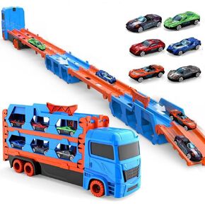 Foldable Transport Truck Set Toys, 61-inch Dual Track and Catwalk car, 6 die-cast Metal minikars, Transport Truck Toy Gifts for Boys and Girls Ages 2, 3, 4, 5, 6 and Older.