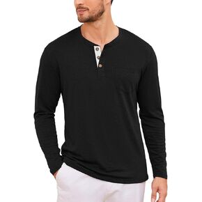 Men's Long Sleeve Henley Shirts Button V-Neck T-Shirt Classic Causal Cotton Blend Tops with Pocket
