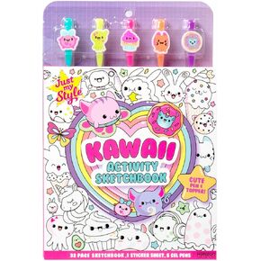 Just My Style Kawaii Activity Sketchbook, 20-Page Sketch Book with 5 Gel Pens, Kawaii Pen Toppers, Kawaii Coloring Book, Fun Drawing Pad, Cute Sketch Pad with Prompts, Sketch Book for Kids
