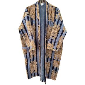 Tibetan Tiger Print Gray Women wear Lightweight Handmade Comfortable Kantha Kimono Front Open Wear Mid-Length Cotton Jacket
