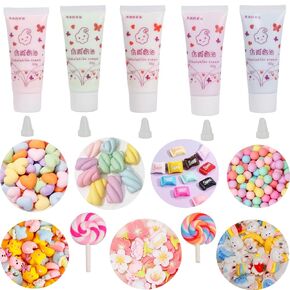 5 Colors (50ml Each) Cream Glue Set DIY Phone Case Kit, 5 Pcs Decoden Cream with 62pcs Slime Charms Resin with 1 Pack Candy Charms with 5 Plastic Decorating Mouths for DIY Crafts (5 Set)