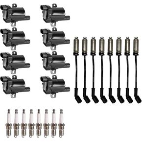 ENA Set of 8 Round Ignition Coil Pack and Platinum Spark Plug and Wire Set Compatible with Chevy Escalade Express Silverado Sierra Suburban Tahoe SSR 4.8L 5.3L 6.0L for UF262 C1251 41-962
