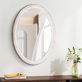 Wood Oval Mirror 20 x 28 Inch Farmhouse Bedroom Living Room Bathroom Decorative Wall Mirror