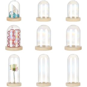 PH PandaHall 9pcs زجاج قاء زجاجي عرض قبة 3 حجم جرة جرس قاء زجاجي صغير مع قاعدة خشبية، زجاجات زجاجية قبة عرض حالة للأحجار الكريمة زهرة الأسنان تخزين المنزل حزب صالح الديكور