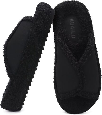 KUAILU Women Cozy Slippers Comfortable Suede Faux Fluff Warm Sherpa Lining House slippers for ladies Bedroom Memory Foam Cushioned Orthotic Open Toe Slides Thick Hard Sole Indoor&Outdoor (US Size 5-11) in Saudi Arabia
