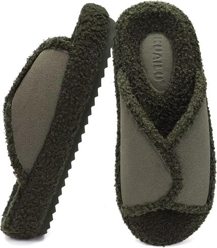 KUAILU Women Cozy Slippers Comfortable Suede Faux Fluff Warm Sherpa Lining House slippers for ladies Bedroom Memory Foam Cushioned Orthotic Open Toe Slides Thick Hard Sole Indoor&Outdoor (US Size 5-11) in Saudi Arabia