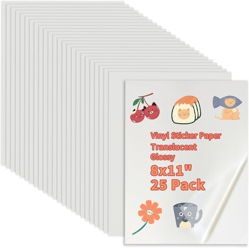 Binditek 25 Pack Printable Vinyl Sticker Paper for Laser/Inkjet Printers, Translucent Glossy Sticker Printer Paper, Waterproof Sticker Paper, 8.5 x 11 Inches, Letter Size in Kuwait