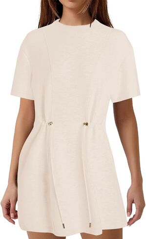 MISSACTIVER Women Summer Mini Dress Crew Neck Short Sleeve T Shirt Dress Casual Elastic Waist Short Dresses with Pockets in Kuwait