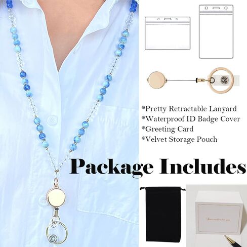 Teacher Appreciation Gifts Teacher Lanyard with ID Holder Retractable Lanyards for ID Badges Nature Beaded Key Lanyard for Women Teacher Gifts with Gift Card in Kuwait
