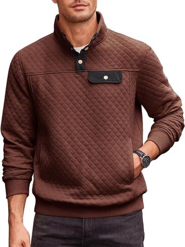 Runcati Mens Quilted Sweatshirt Stand Collar Casual Diamond Pullover Long Sleeve Quarter Button Sweatshirts in Saudi Arabia