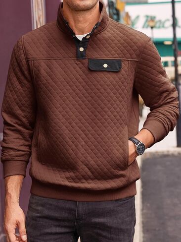 Runcati Mens Quilted Sweatshirt Stand Collar Casual Diamond Pullover Long Sleeve Quarter Button Sweatshirts in Saudi Arabia