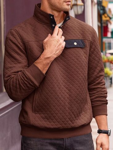 Runcati Mens Quilted Sweatshirt Stand Collar Casual Diamond Pullover Long Sleeve Quarter Button Sweatshirts in Saudi Arabia