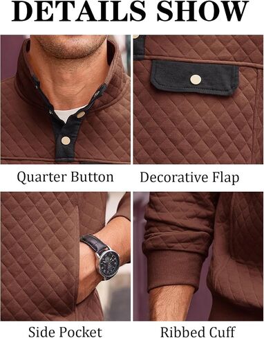 Runcati Mens Quilted Sweatshirt Stand Collar Casual Diamond Pullover Long Sleeve Quarter Button Sweatshirts in Saudi Arabia