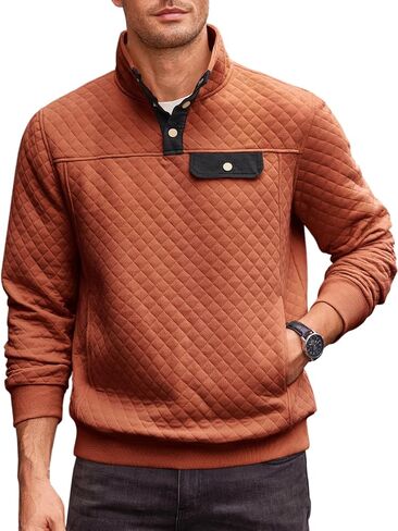 Runcati Mens Quilted Sweatshirt Stand Collar Casual Diamond Pullover Long Sleeve Quarter Button Sweatshirts in Saudi Arabia