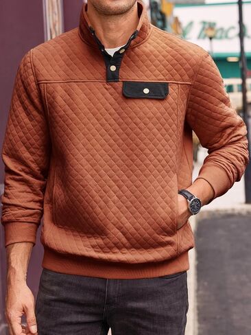 Runcati Mens Quilted Sweatshirt Stand Collar Casual Diamond Pullover Long Sleeve Quarter Button Sweatshirts in Saudi Arabia