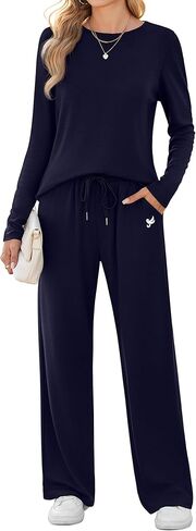 Ficerd Women's 2 Piece Casual Outfits 2024 Long Sleeve Lounge Sets Crew Neck Pullover Tops Long Pants with Pockets Tracksuit in Kuwait