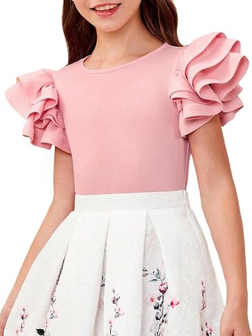 WDIRARA Girl's Short Sleeve Tiered Layer Tee Round Neck Ruffle Trim T Shirt in Saudi Arabia