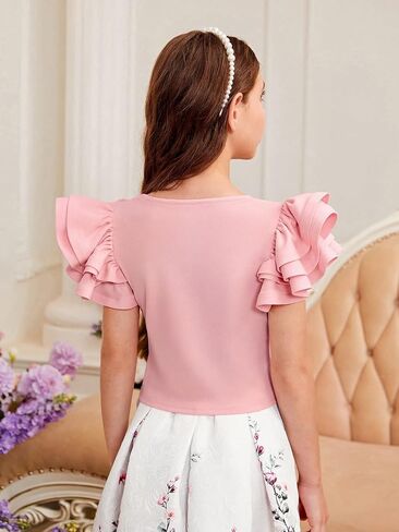 WDIRARA Girl's Short Sleeve Tiered Layer Tee Round Neck Ruffle Trim T Shirt in Saudi Arabia
