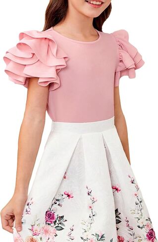 WDIRARA Girl's Short Sleeve Tiered Layer Tee Round Neck Ruffle Trim T Shirt in Saudi Arabia