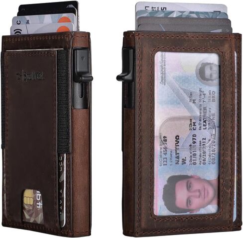 محفظة رفيعة لحامل بطاقات الائتمان للرجال والنساء - محافظ رجالية صغيرة الحجم تحجب RFID - حافظة بطاقات معدنية بجيب أمامي من الجلد الرقيق مع صندوق هدايا (بني داكن) in Kuwait