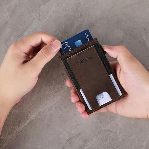 محفظة رفيعة لحامل بطاقات الائتمان للرجال والنساء - محافظ رجالية صغيرة الحجم تحجب RFID - حافظة بطاقات معدنية بجيب أمامي من الجلد الرقيق مع صندوق هدايا (بني داكن) in Kuwait