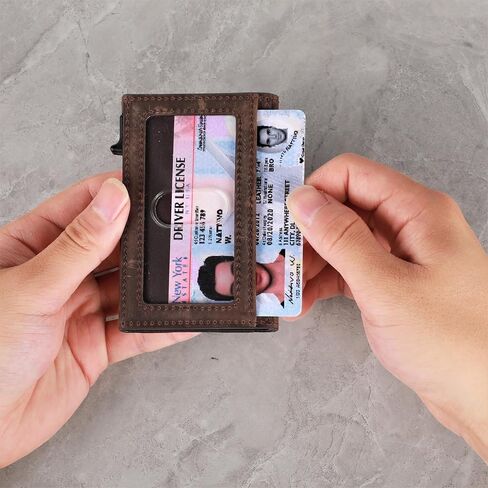 محفظة رفيعة لحامل بطاقات الائتمان للرجال والنساء - محافظ رجالية صغيرة الحجم تحجب RFID - حافظة بطاقات معدنية بجيب أمامي من الجلد الرقيق مع صندوق هدايا (بني داكن) in Kuwait