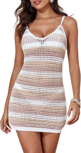 Eomenie Womens Swimsuit Crochet Cover Up Knit Stripe Bathing Suit Coverup Strappy V Neck Lace Up Beach Dress in Saudi Arabia