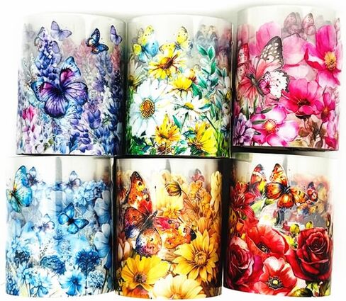شريط زهور على شكل فراشة من Koolemon 6 لفات، شريط زخرفي من ملصقات الزهور PET لمستلزمات سجل القصاصات اليدوية in Kuwait