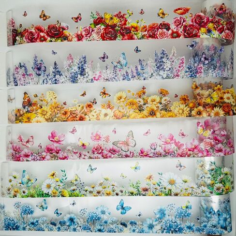 شريط زهور على شكل فراشة من Koolemon 6 لفات، شريط زخرفي من ملصقات الزهور PET لمستلزمات سجل القصاصات اليدوية in Kuwait