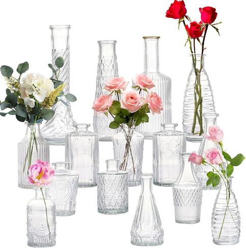 Glass Bud Vase, 15PCS Clear Small Flower Vase Set for Centerpieces, Vintage Vases in Bulk for Home Decor, Rustic Wedding, Floral Arrangements in Saudi Arabia