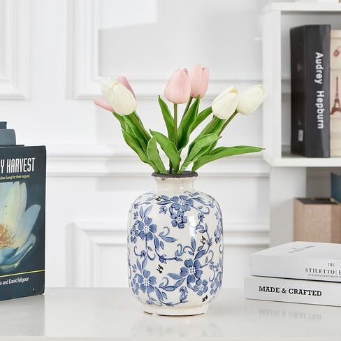 مزهرية من البورسلين الأزرق والأبيض، مزهرية من السيراميك لديكور المنزل، مزهريات للمطبخ، غرفة النوم، غرفة المعيشة، الحمام، وديكورات الطاولة المركزية على الرف (مثبت صغير) in Kuwait