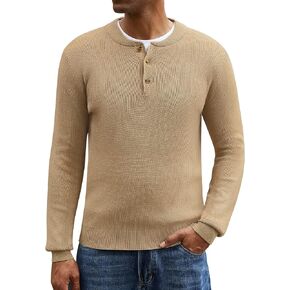 Men Henley Knit Sweater Long Sleeve Button Sweater Casual Pullover Lightweight Slim Fit Tops