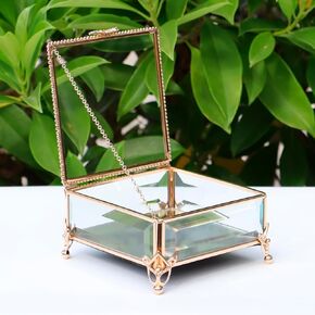 Rectangular Vintage Glass Jewelry Box with hinged lid, 5.2x5.2x2.7 inches, Souvenir Box to store bracelets, rings, ornaments and more (Golden)