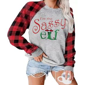 FISCRAT Women Im The Sassy Elf Sweatshirts Merry Christmas Sweatshirts Funny Pullover Christmas Lightweight Tops Shirts